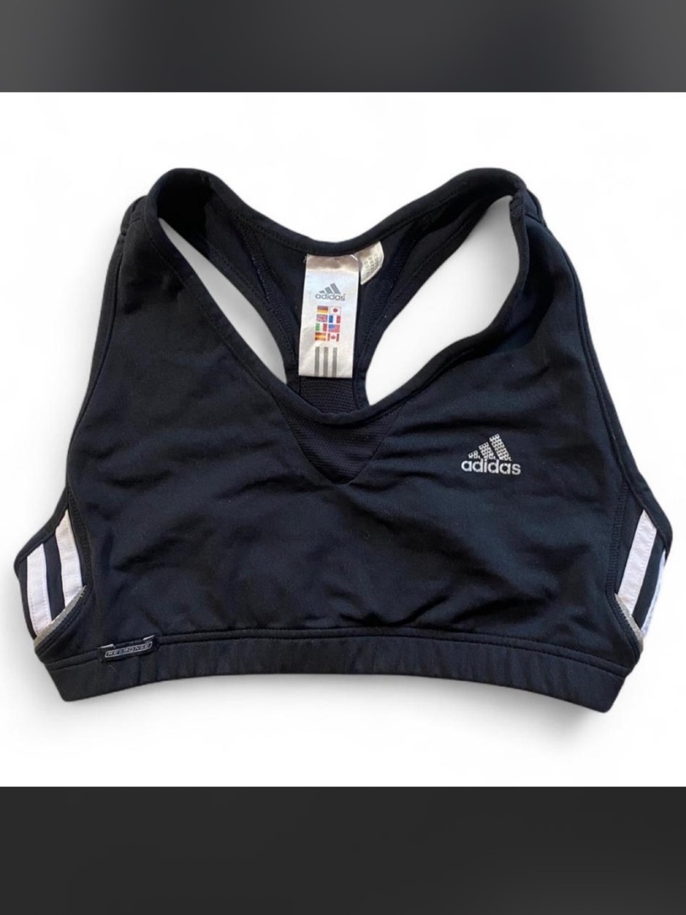 adidas Response Black Women's Racerback Sports Bra with White 3 Stripe Accents L